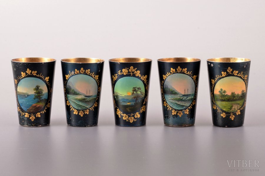set of 5 beakers, silver, 875 standard, total weight of items 219.90, gilding, painted enamel, h 6 cm, Moscow Jewelry Factory, 1955, Moscow, USSR