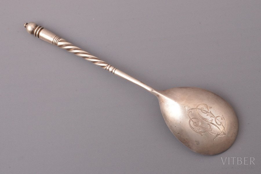 spoon, silver, 84 standard, 45.45 g, 17.5 cm, workshop of N. G. Vladimirov, 1908-1917, St. Petersburg, Russia