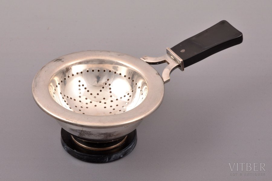 tea strainer, silver, 830 standard, total weight of item 99.75, plastic, 12.7 x 7.3 cm, Carl M. Cohr, Fredericia, Denmark