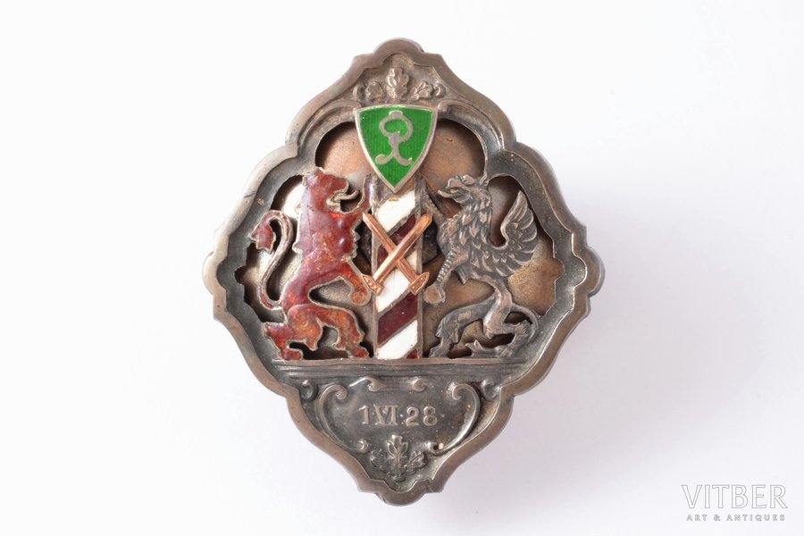 badge, Frontier troops, Latvia, 20-30ies of 20th cent., 49.5 x 42.5 mm, defect of the red enamel