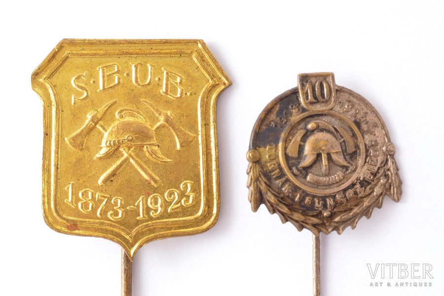 pair of badges, Fireman service: SBUB (1873-1923), Torņakalns Firefighters society (1913-1923), Latvia, 20ies of 20th cent., 29.8 x 27 / 21.6 x 20.4 mm