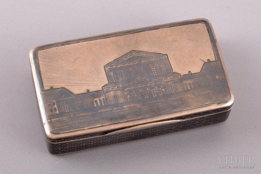 snuff-box, silver, 84 standard, 73.20 g, niello enamel, gilding, 7.1 x 4 x 1.8 cm, 1877, Moscow, Russia