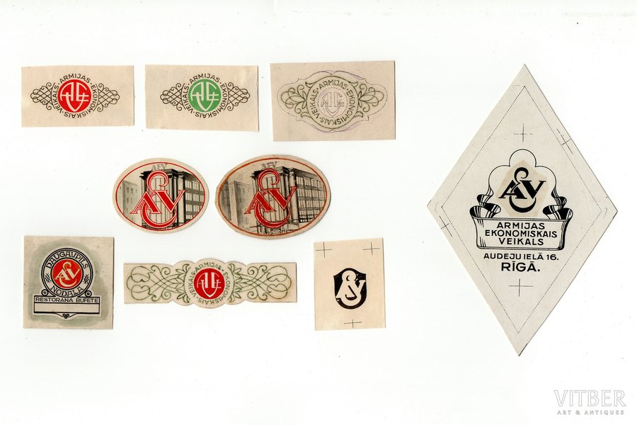 Armijas Ekonomiskā veikala etiķešu kolekcija, 150 gab., no tiem 71 oriģināls zīmējums, 10 proves, Latvija, 20. gs. 20-30tie g., papildus foto pēc pieprasījuma