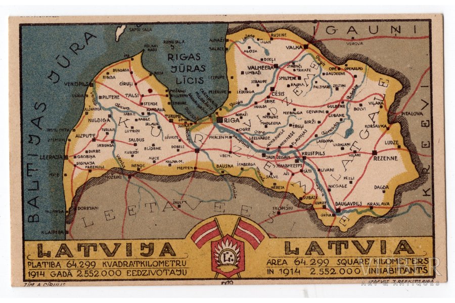 открытка, карта Латвии, издательство Rieksts, Латвия, начало 20-го века, 14,2x9 см