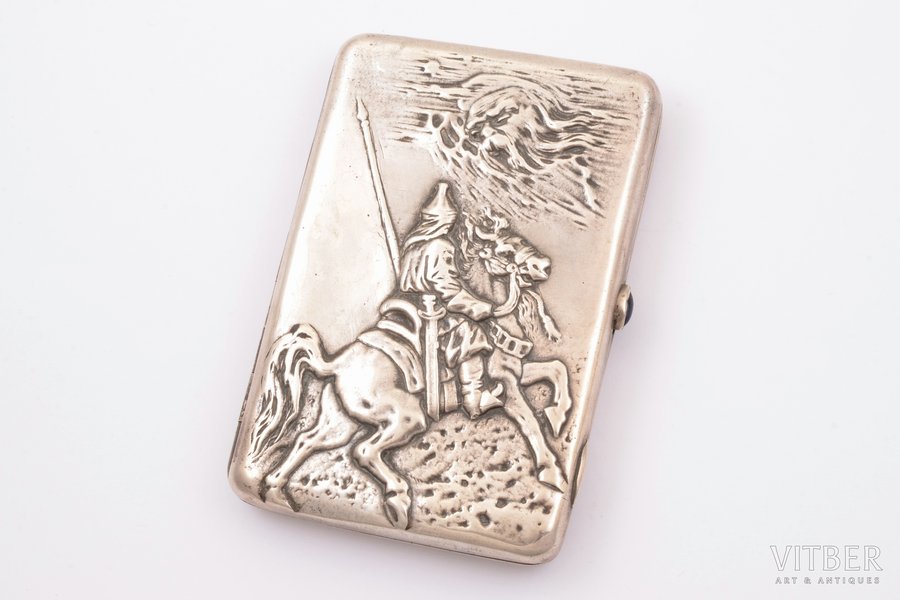 cigarette case, silver, "Bogatyr", 84 standard, 204.45 g, gilding, 11.5 x 8.2 x 1.7 cm, by Petrov Petr, 1908-1917, Moscow, Russia, traces of monograms