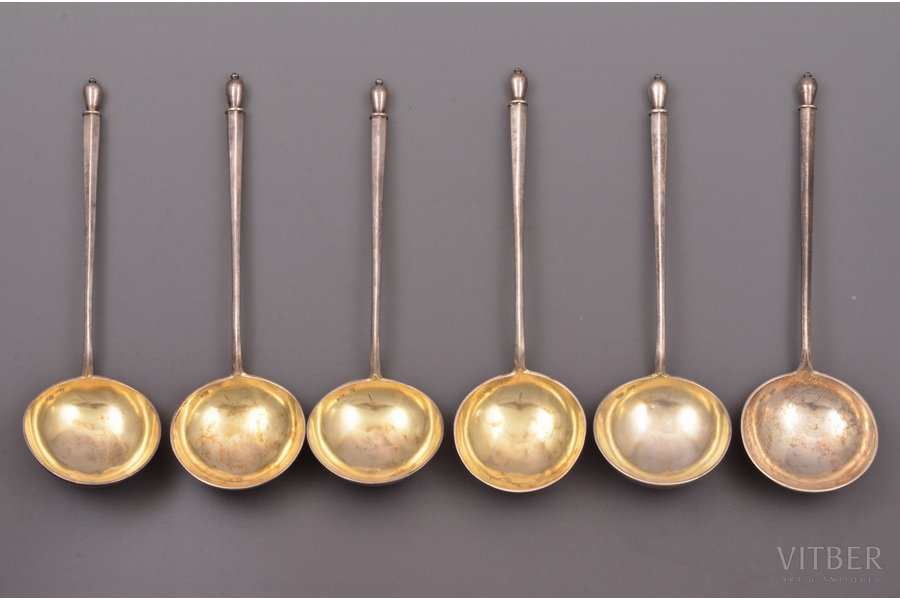 set of 6 spoons, silver, 84 standard, total weight of items 275.75, gilding, 17.1 cm, 1908-1917, St. Petersburg, Russia, hallmark on one of the spoons - Moscow, 9th Moscow Artel