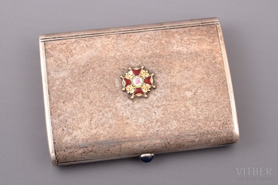 cigarette case, silver, Order of Saint Stanislaus, 84 standard, 186.40 g, enamel, gold, 10.7 x 8.2 x 2 cm, 1908-1917, Moscow, Russia, restoration of enamel