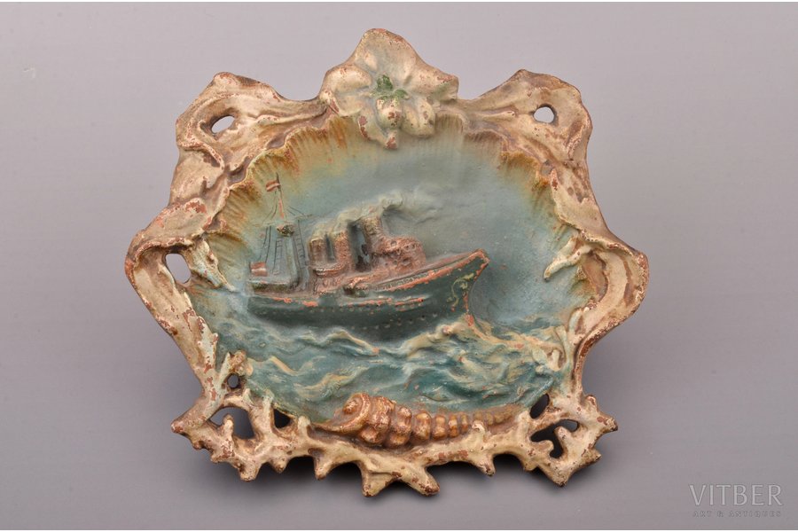 wall decoration, "Ship in the sea", ceramics, C. Wunsdorf Riga Union, Riga (Latvia), the 20-30ties of 20th cent., 21.7 x 24.2 cm, paint layer peeled off on some spots, small chip on the top
