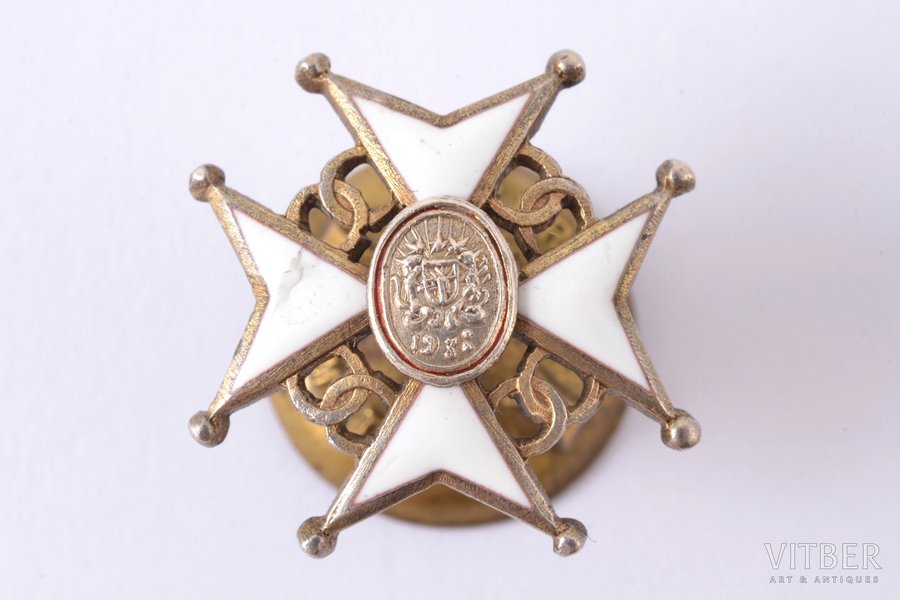 miniature badge, Cross of Recognition, silver, enamel, 875 standard, Latvia, 1938-1940, 16.7 x 16.7 mm, enamel defect