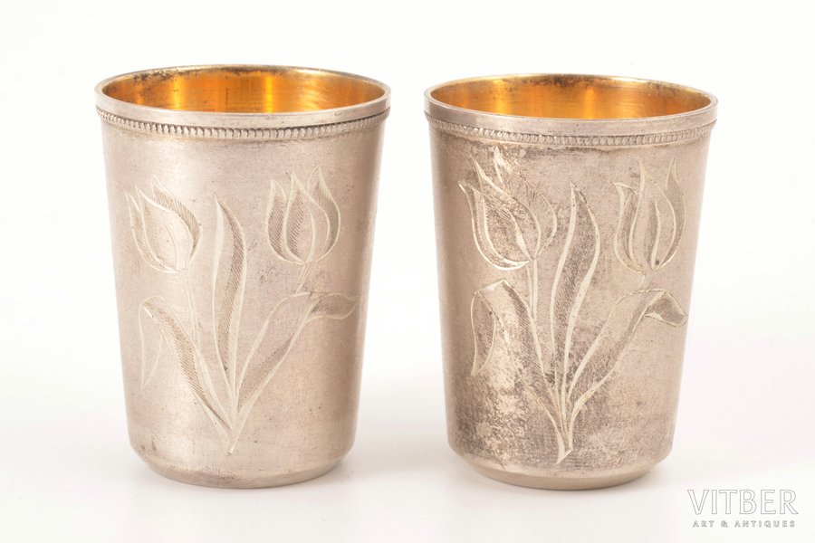 pair of beakers, silver, 916 standard, total weight of items 66.10, engraving, gilding, h 4.9 cm, Tallinn Jewelry Factory, 1964, Tallin, Estonia, USSR