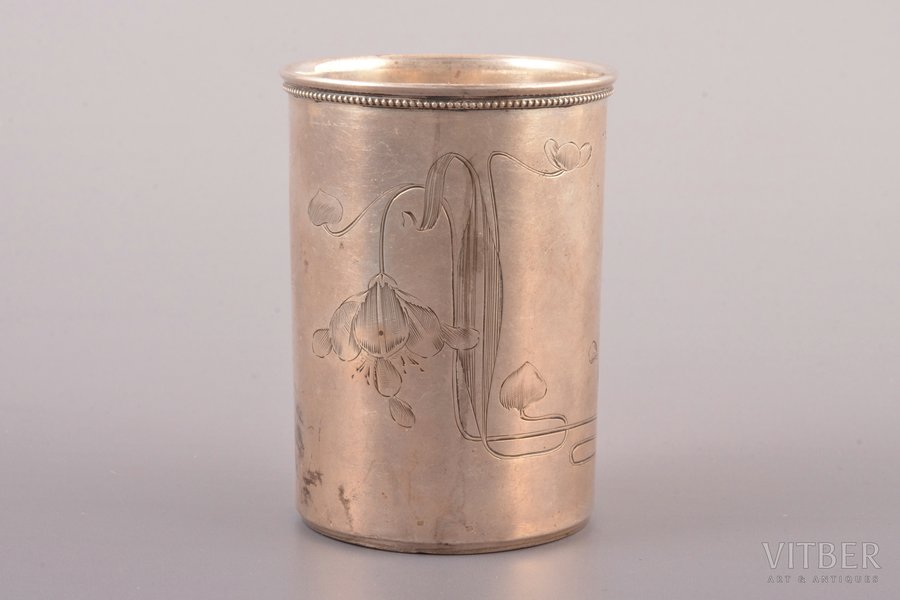 goblet, silver, Art Nouveau, 84 standard, 59.8 g, engraving, 7.3 cm, 1908-1917, Moscow, Russia