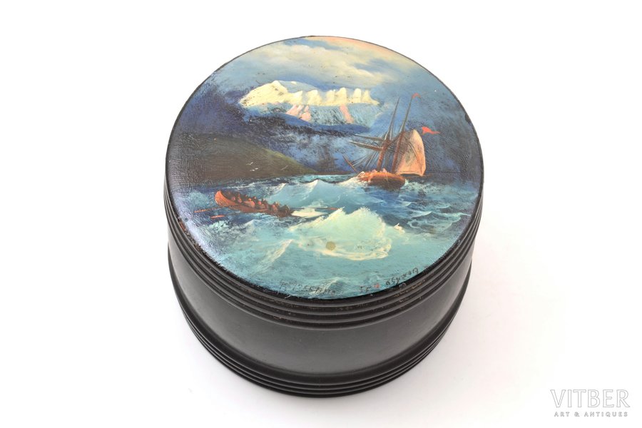lādīte muciņas formā, "Jūras ainava", Fedoskino, meistars V. Obuhovs, PSRS, Ø 10.3 cm