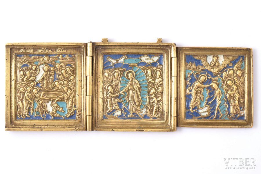icon with foldable side flaps, The Feasts, copper alloy, 3-color enamel, Russia, the beginning of the 20th cent., 6.2 x 16.5 x 0.7 cm, 221.50 g.