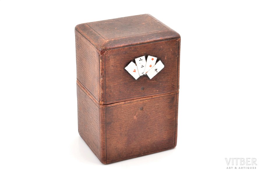 playing card box, onlay detail made of metal and enamel, leather, 10.9 x 7.1 x 6 cm