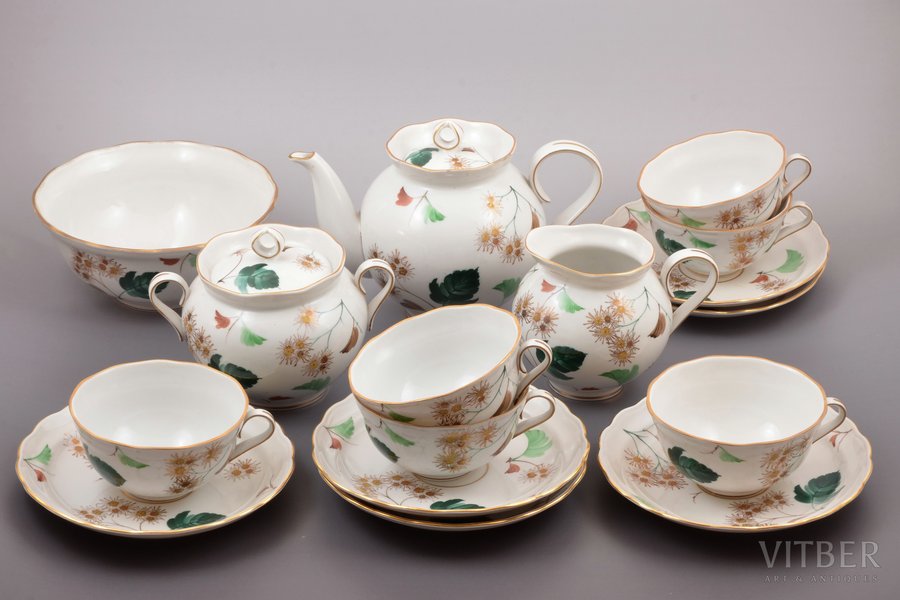 rare collectible tea service, "Blooming viburnum" (for 6 persons); shape "round"; hand painting, overglaze, polychrome, porcelain, LFZ - Lomonosov porcelain factory, shape by S.E. Yakovleva, handpainted by L.I. Lebedinskaya, USSR, the 50ies of 20th cent., 2 chips on the edge of teapot