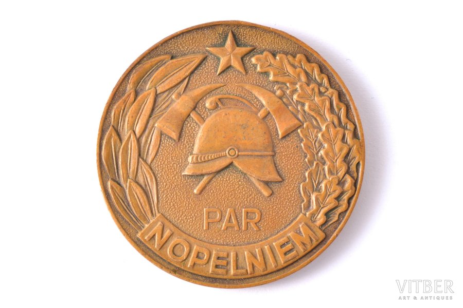 table medal, Volunteer Firefighters Association of the Latvian SSR, For merit, bronze, Latvia, USSR, 35.8 x 35.8 mm