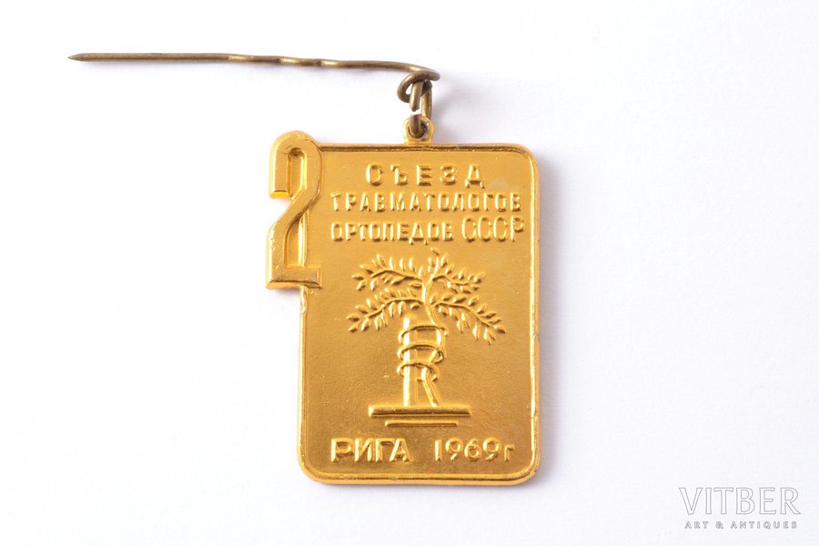 badge, Second Congress of Traumatologists-Orthopedists of the USSR, Riga, guilding, aluminum, Latvia, USSR, 1969, 32.5 x 23.9 mm, Moscow Mint