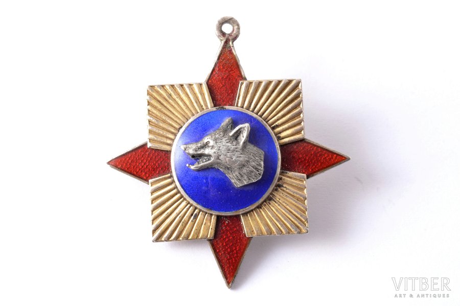 jetton, Hunting, silver, guilding, enamel, Latvia, 20-30ies of 20th cent., 45 x 40.4 mm, К.Wihtolin's workshop, chip on the surface of enamel of the upper beam