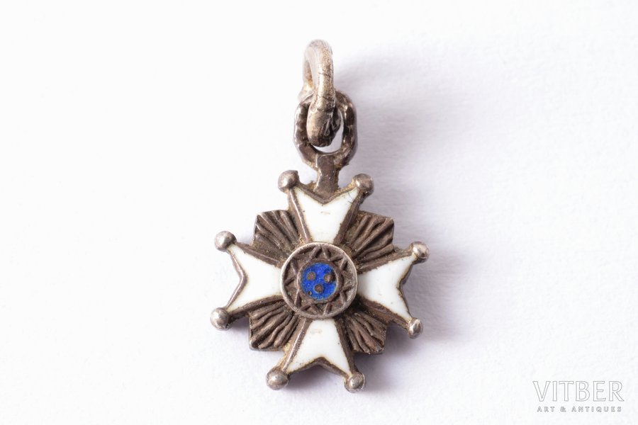 miniature badge, the Order of Three Stars (very small size), silver, enamel, Latvia, 20ies of 20th cent., 12 x 8.4 mm