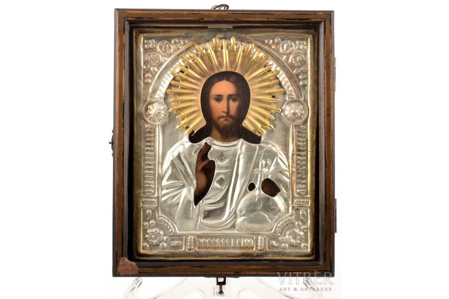 ikona, Jēzus Kristus Pantokrators, rāmī, dēlis, gleznojums, metāls, Krievijas impērija, 22.3 x 18 x 1.9 cm, rāmis 25.6 x 21 x 4.5 cm