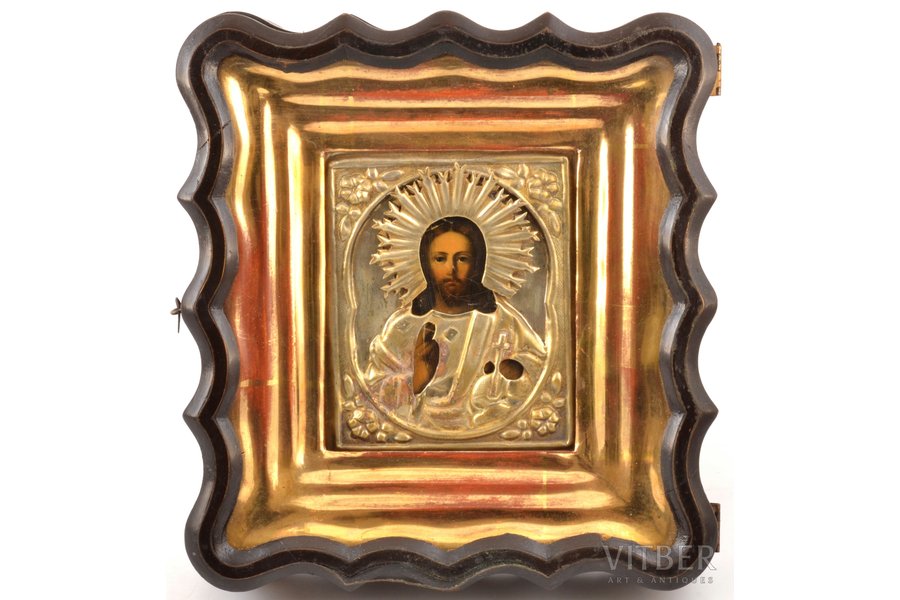 ikona, Jēzus Kristus Pantokrators, rāmī, dēlis, gleznojums, metāls, Krievijas impērija, 13.7 x 11.1 x 1.8 cm, rāmis 24.2 x 22.4 x 6.5 cm