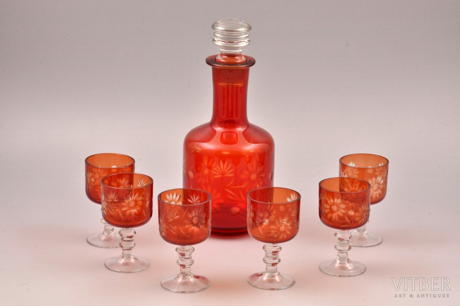 set of carafe and 6 glasses, USSR, the 50-60ies of 20th cent., h (carafe with stopper) 24 cm, h (glass) 9.1