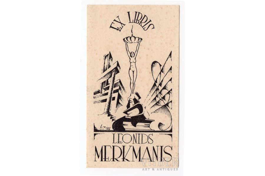 ex Libris, Leonīds Merkmanis - scenogrāfs, arhitekts, Latvija, 20. gs. 20-30tie g., 12x6,6 cm