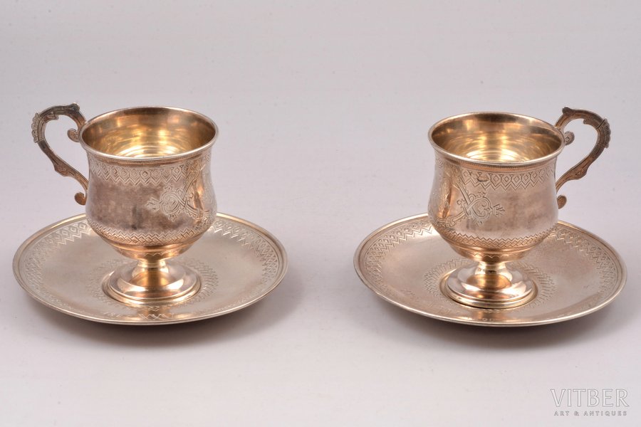 set of 2 tea pairs, silver, 84 standard, total weight of items 323.45, engraving, h (cup) 8.5 cm, Ø (saucer) 12.4 cm, Vasily Efimovich Baladanov's factory, 1889, Moscow, Russia