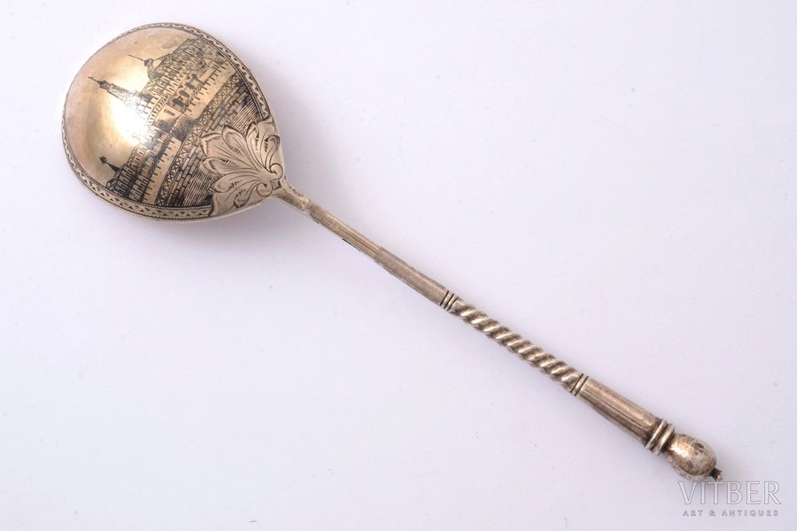 spoon, silver, 84 standard, 69.50 g, niello enamel, 19 cm, 1880-1890, Moscow, Russia