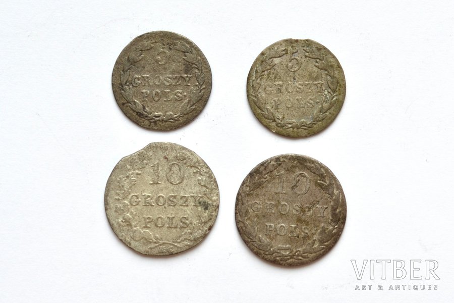komplekts, 1836 g., 4 monētas: 10 groši (1831, 182?), 5 groši (1822, 18??), sudrabs, Krievijas Impērija, Polijas Karaliste