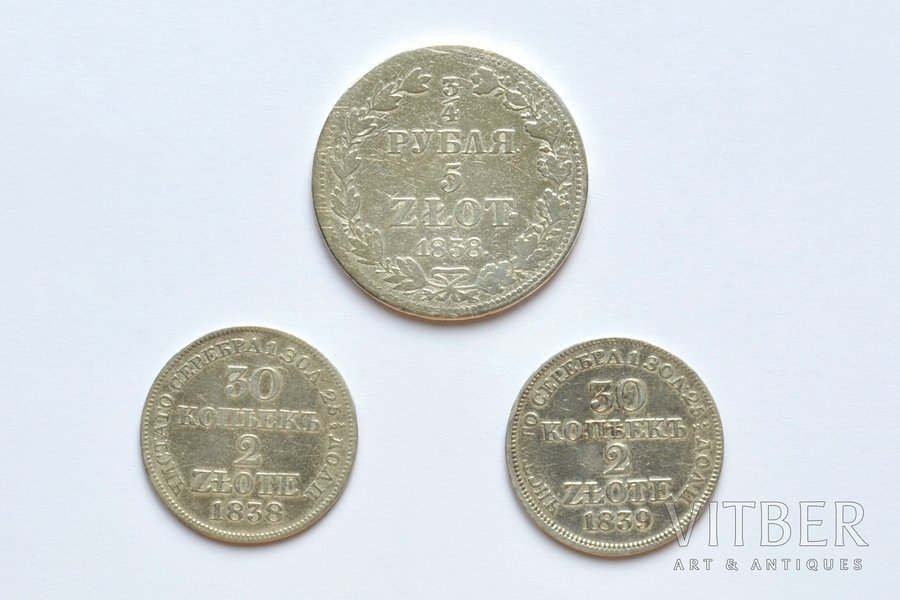 set of 3 coins, 3/4  rubles 5 zlot, 30 kopecks 2 zlot, 1838-1839, MW, silver, Russia, Congress Poland, 14.76 / 6.08 / 6.12 g, Ø 33 / 25.9 / 26 mm