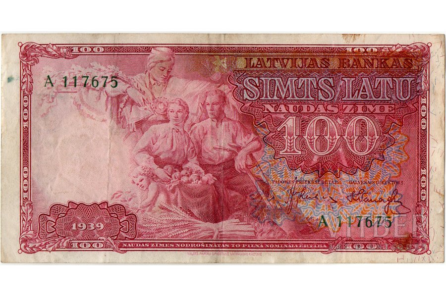 100 lats, banknote, 1939, Latvia, VF