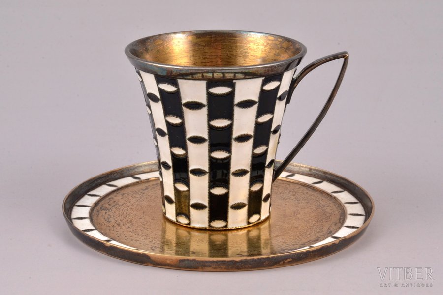 coffee pair, silver, 916 standard, total weight of items 128.70, cloisonne enamel, gilding, h (cup) 5 cm, Ø (saucer) 9.2 cm, Leningrad jewelry-watch factory, 1978, Leningrad, USSR