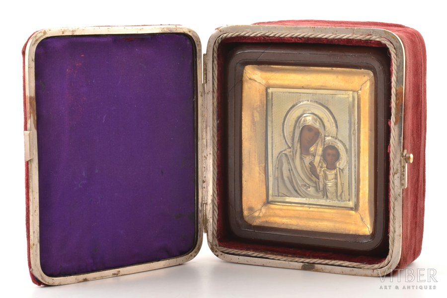 icon, Kazan icon of the Mother of God, in icon case and carrying case, board, silver, painting, 84 standard, by Alexander Ivanovich Sparyshkin, Russia, 1908-1917, 9 x 7.2 x 1.4 cm, icon case 14.5 x 12.7 x 4.4 cm, carrying case 17 x 15 x 8.7 cm