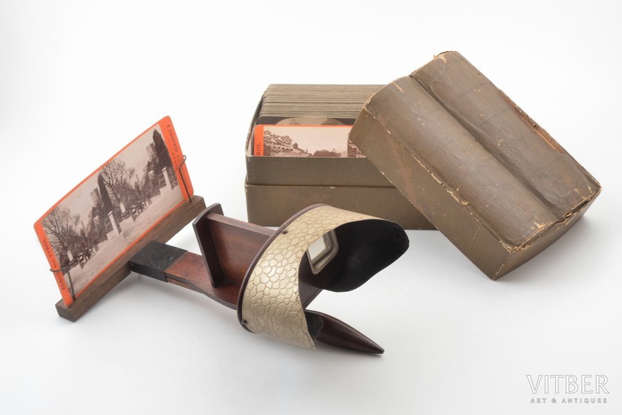 stereoscope, included set of stereophotos (travel theme), wood, metal