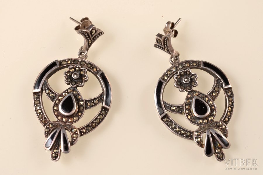 earrings, Art Deco, silver, enamel, marcasites, 925 standard, 14.27 g., the item's dimensions 4.9 cm