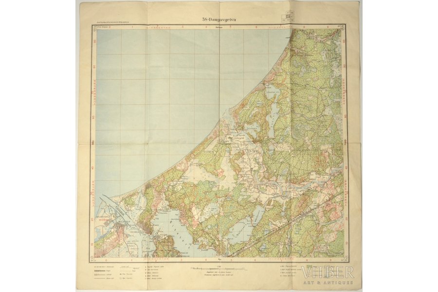 map, Daugavgrīva, Latvia, 1927, 46.6 x 45.8 cm, published by "Ģeod.-Top. daļa", slight damage to the paper at the folds
