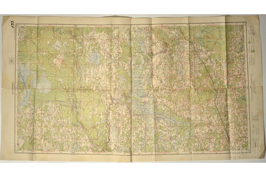 karte, Strenči, Latvija, 1927 g., 83.5 x 45.7 cm, Ģeod.-Top. daļas izdevums, kartes aizmugurē zīmogs "Armijas Sakaru priekšnieks"