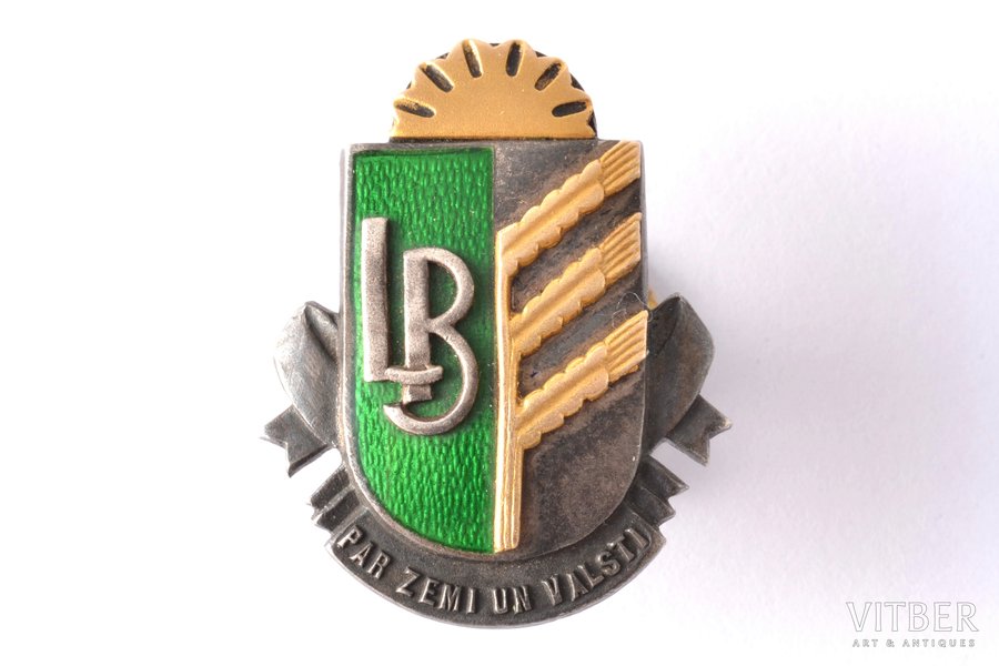 badge, LB, Agricultural Society, For Land and Country, Latvia, 20-30ies of 20th cent., 27.6 x 22 mm