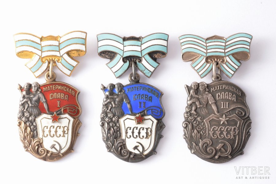 set of The Orders of Maternal Glory, 3 pcs. (№ 460874 - I class, № 559609 - II class; № 140835 - III class), 1st class, 2nd class, 3rd class, USSR, order of 2nd calss - small defect of light blue enamel