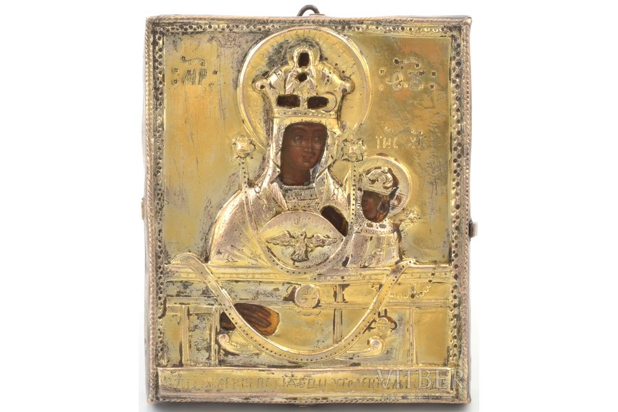 icon, Theotokos "Assuager of Evil Hearts", board, painting, guilding, white metal, Russia, the 18th cent., 10.7 x 8.9 x 1.5 cm