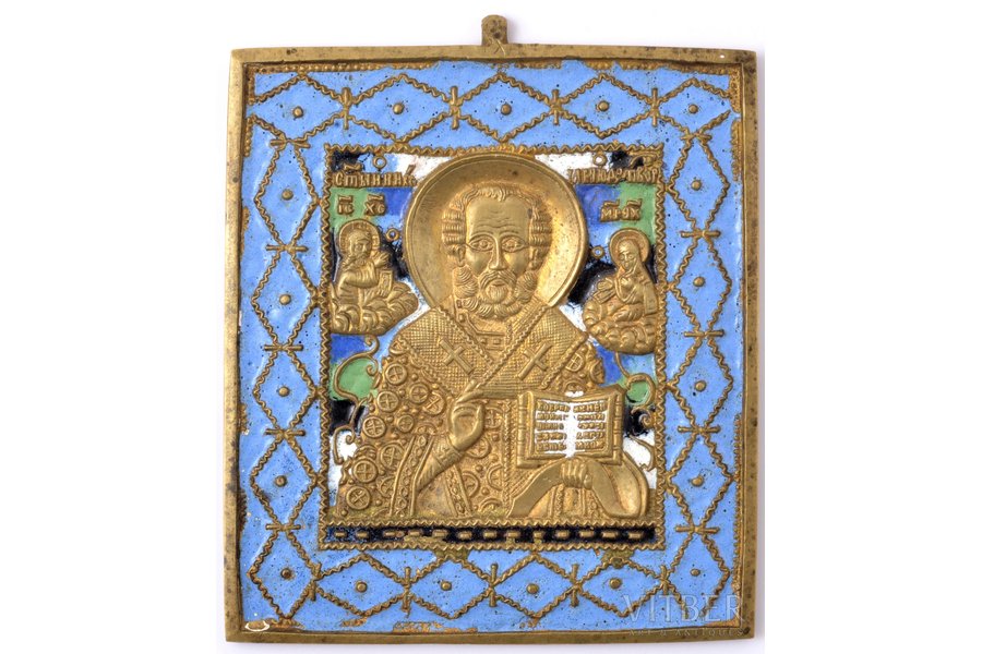 ikona, Svētais Nikolajs Brīnumdarītājs, vara sakausējuma, 5-krāsu emalja, meistars Rodions Hrustaļovs, Krievijas impērija, 19. gs. beigas, 11.6 x 9.9 x 0.4 cm