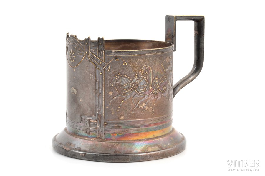 tea glass-holder, "Troika", B. Henneberg, Warszawa, silver plated, metal, Russia, Congress Poland, the border of the 19th and the 20th centuries, Ø (inside) 6.9 cm, h (with handle) 8.6 сm