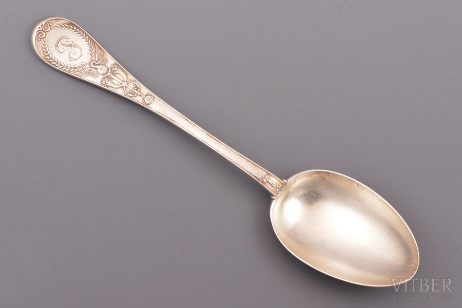 spoon, silver, 84 standard, 107.75 g, 22.2 cm, "Fabergé", 1896-1907, Moscow, Russia