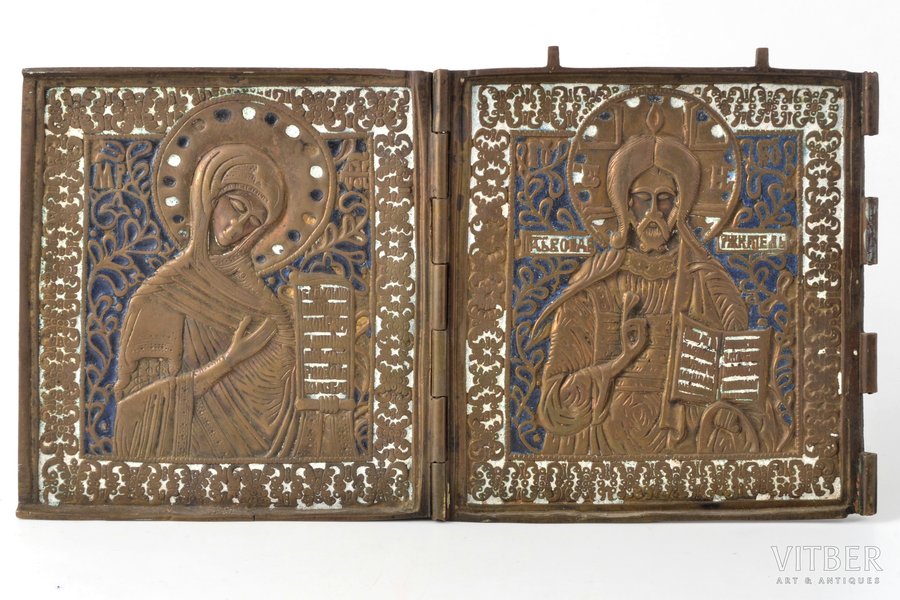 part of icon with foldable side flaps, Deesis: Jesus Christ and Holy Virgin Mary, copper alloy, 2-color enamel, Russia, 14.2 x 25.1 x 0.6 cm, 620.9 g.