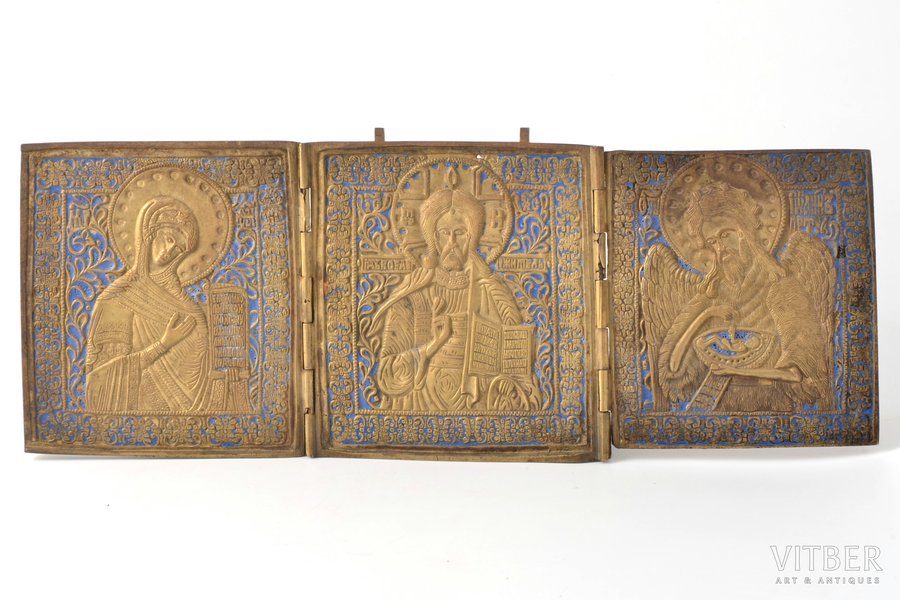 icon with foldable side flaps, Deesis: Jesus Christ, Holy Virgin Mary and St. John the Baptist, copper alloy, 1-color enamel, Russia, 14.1 x 36.2 x 0.6 cm, 1134 g.