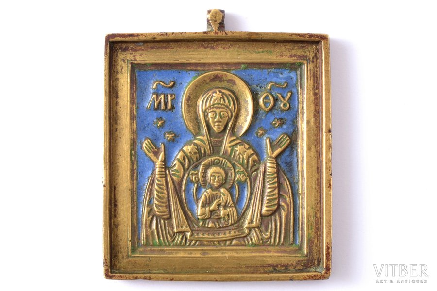 icon, Our Lady of the Sign (Orante), copper alloy, 1-color enamel, Russia, the 19th cent., 6.5 x 5.46 x 0.5 cm, 79.45 g.