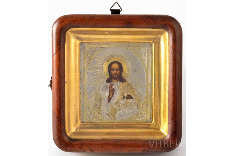 icon, Jesus Christ Pantocrator, in icon case, board, silver, painting, guilding, engraving, 84 standard, Russia, 1871, 9 x 7.5 x 1.15 cm, Moscow, weight of silver oklad 11.05 g, icon case 13.7 x 12.9 x 4.2 cm