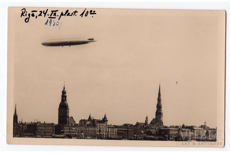 фотография, Рига, дирижабль "Граф Цеппелин", Латвия, 1930 г., 13,8x8,8 см