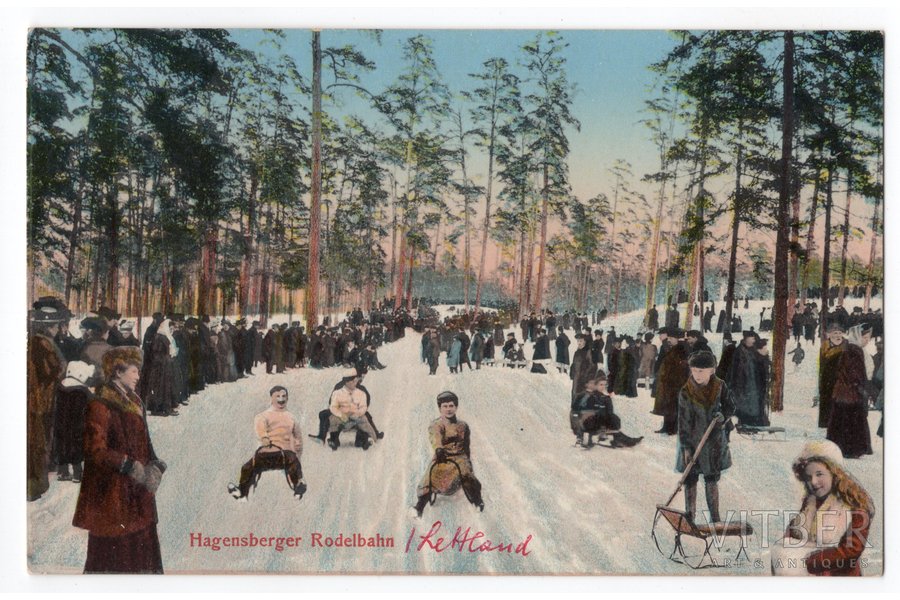 открытка, Рига, Агенскалнс (Гагенсберг), санная трасса, Латвия, Российская империя, начало 20-го века, 14x9 см